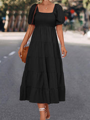 Elasticity Pleated Solid Color Split-Joint A-line Bishop Sleeve Square-neck Midi Dresses