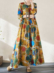 Pleated Polka-Dot Split-Joint A-Line Long Sleeves Round-Neck Maxi Dresses