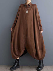 Buttoned Pockets Solid Color Split-Joint A-Line Long Sleeves Lapel Shirt Dress Midi Dresses