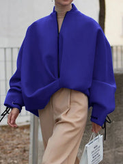 Asymmetric Split-Joint Zipper Loose Puff Sleeves Stand Collar Outerwear