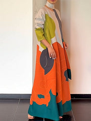Printed Split-Joint Long Sleeves Loose Round-Neck Maxi Dresses