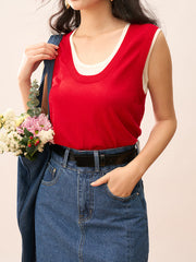 Contrast Color Split-Joint False Two Loose Round-neck Vest Top