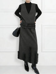 Contrast Color Ruffled Split-Joint V-Neck Vest Top + Elasticated Waist High Waisted Pleated Skirts Bottoms Two Pieces Set