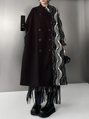 Buttoned Contrast Color Pockets Long Sleeves Loose Stand Collar Woolen Coat