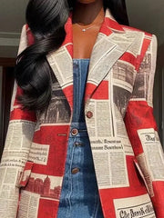 Buttoned Newspaper Print Pockets Split-Joint Long Sleeves Loose Notched Collar Outerwear Blazer