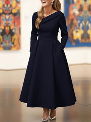 A-Line High Waisted Pleated Pockets Solid Color V-Neck Maxi Dresses