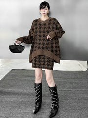 Contrast Color Split-joint Ribs Shiny Swallow Gird/Houndstooth Round-Neck Sweater Tops + A-Line Elasticated Waist Skirts Bottoms Two Pieces Set