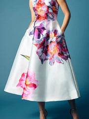 Flower Print Pockets A-Line High Waisted Round-Neck Midi Dresses