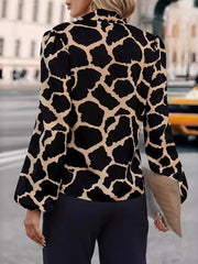 Printed Split-Joint Streamer Loose Puff Sleeves V-Neck Blouses