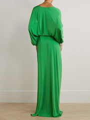 Batwing Sleeves Loose Solid Color V-Neck Maxi Dresses