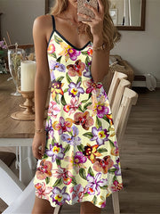 Flower Print Loose Sleeveless Spaghetti-Neck Mini Dresses