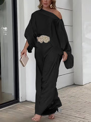 Loose Solid Color Cap Sleeve Off-the-shoulder Blouses & Pants Two Pieces Set