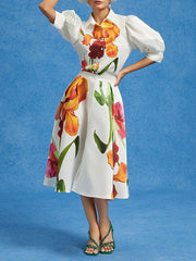 Loose Puff Sleeves Floral Printed Pleated Split-Joint Lapel Blouses&Shirts Tops