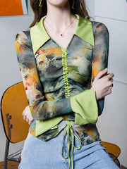 Drawstring Flower Print Pleated Flared Sleeves Long Sleeves Lapel Blouses&Shirts Tops