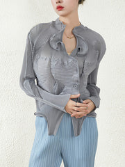 Original Creation Irregularity Long Sleeves Buttoned Pleated Solid Color Outerwear