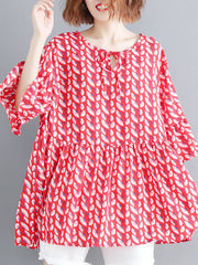 Artistic Retro Loose Half Sleeves Printed Pleated Falbala Round-Neck T-Shirts Tops