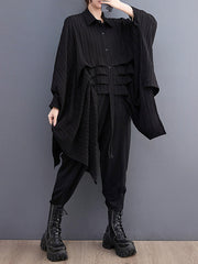 Pleated Solid Color Cropped Long Sleeves Lapel Blouses&shirts Tops