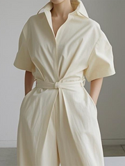 Solid Color Tied Waist Half Sleeves Loose Lapel Jumpsuits