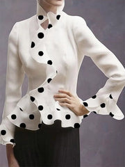 Long Sleeves Falbala Polka-Dot Stand Collar Blouses&shirts Tops