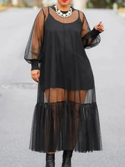 Loose Puff Sleeves Gauze Pleated Solid Color Outer Maxi Dress + Spaghetti-neck Mini Dress Two Pieces Set