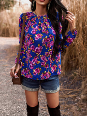 Flower Print Pleated Long Sleeves Loose Round-Neck T-Shirts Tops