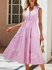 Buttoned Split-Joint Striped A-Line High Waisted V-Neck Midi Dresses