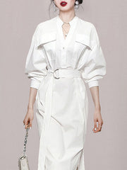 See-Through Split-Joint Split-Side Tied Waist Long Sleeves Loose V-Neck Shirt Dress Midi Dresses