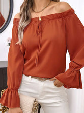 Drawstring Elasticity Pleated Solid Color Flared Sleeves Long Sleeves Off-the-shoulder Blouses&shirts Tops