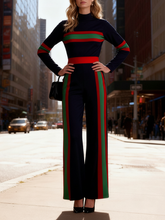 Elasticated Waist Long Sleeves Contrast Color Pockets Striped Half Turtleneck Jumpsuits