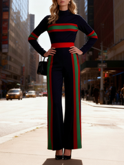 Elasticated Waist Long Sleeves Contrast Color Pockets Striped Half Turtleneck Jumpsuits