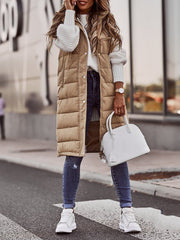 Buttoned Drawstring Keep Warm Solid Color Split-Joint Zipper Hooded Sleeveless Vest Outerwear Padded Coat