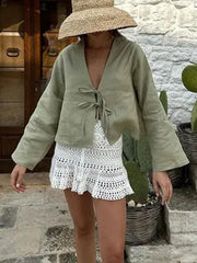Lace-Up Solid Color V-Neck Blouses&Shirts Tops