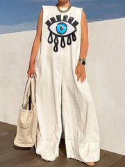 Applique Embroidered Figure Printed Loose Wide Leg Round-Neck Jumpsuits