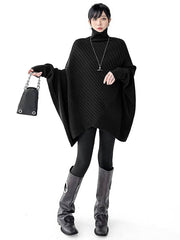 Asymmetric Ribbed Knit Solid Color Split-Joint Batwing Sleeves Irregularity High Neck Sweater Tops