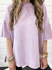 Split-Joint Half Sleeves High-Low Round-Neck T-Shirts Tops