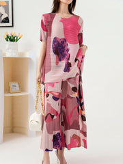 Original Loose Short Sleeves Contrast Color Printed Round-Neck T-Shirt Tops&Wide Legs Pants Two Pieces Set