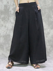 Pockets Solid Color High Waisted Loose Trousers Wide Leg Pants