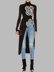 Asymmetric Printed Split-Joint Long Sleeves High Neck T-Shirts