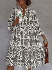 Loose Three-Quarter Sleeves Falbala Printed V-Neck Midi Dresses