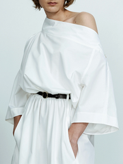 No Belt Solid Color Long Sleeves Loose Off-the-shoulder Midi Dresses