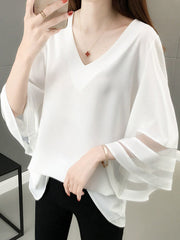 Gauze See-Through Solid Color Split-Joint Long Sleeves Loose V-Neck T-Shirts Tops