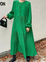 Buttoned Pleated Solid Color Split-Joint A-Line Long Sleeves Round-Neck Midi Dresses