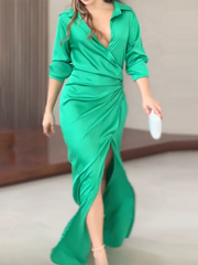 Long Sleeves Solid Color Split-Side Lapel Collar Maxi Dresses Shirt Dress