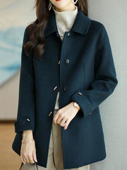 Buttoned Pockets Solid Color Long Sleeves Loose Lapel Woolen Coat