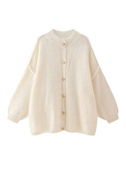 Buttoned Split-Joint Loose Puff Sleeves Round-neck Cardigan Tops
