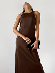 Solid Color Split-back Split-Joint Loose Sleeveless Round-neck Maxi Dresses