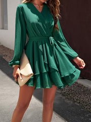 Ruffled Solid Color Tied Waist A-Line High Waisted V-Neck Mini Dresses