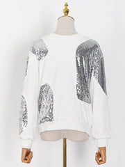 Asymmetric Sequined Long Sleeves Loose Round-Neck Sweatshirt Tops