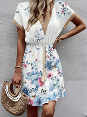 Butterfly Print Elasticity Hollow Split-Joint Tasseled Tied Waist A-line Loose V-neck Mini Dresses