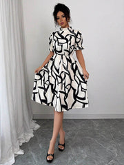 Abstract Printed Contrast Color Ruffled Split-Joint A-Line Bodycon Midi Dresses